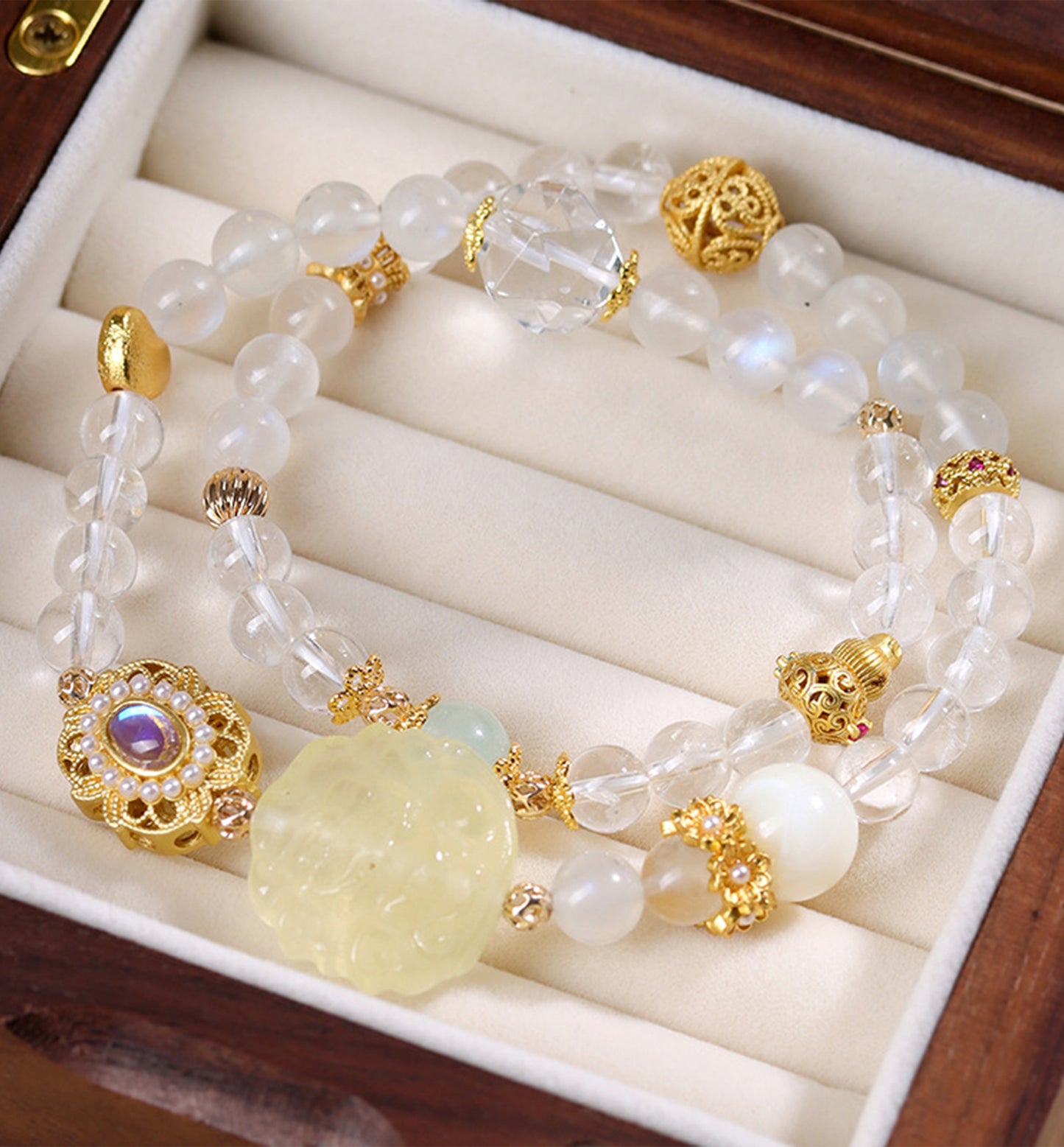Clear Quartz, Blue Moonstone & Citrine Nine-Tailed Fox Double-Wrap Bracelet