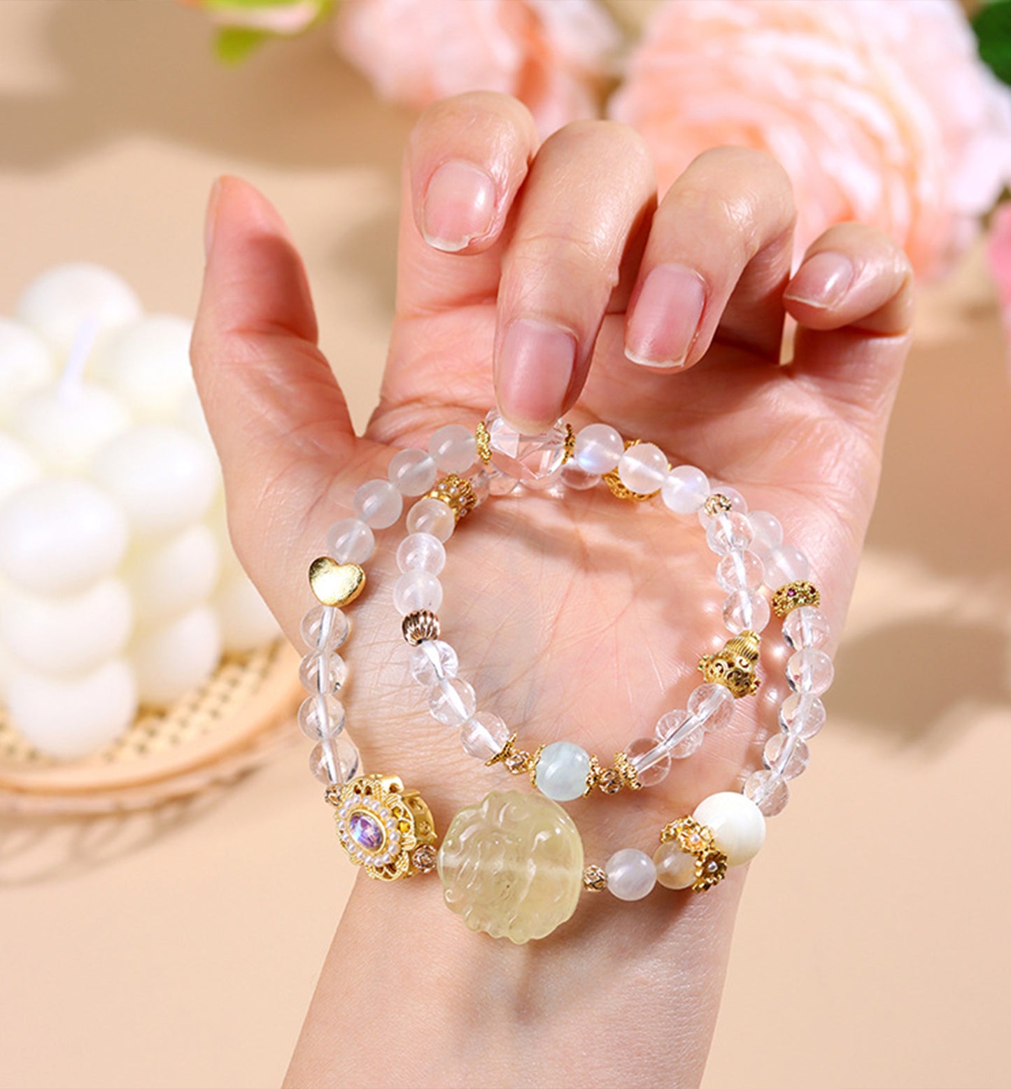 Clear Quartz, Blue Moonstone & Citrine Nine-Tailed Fox Double-Wrap Bracelet