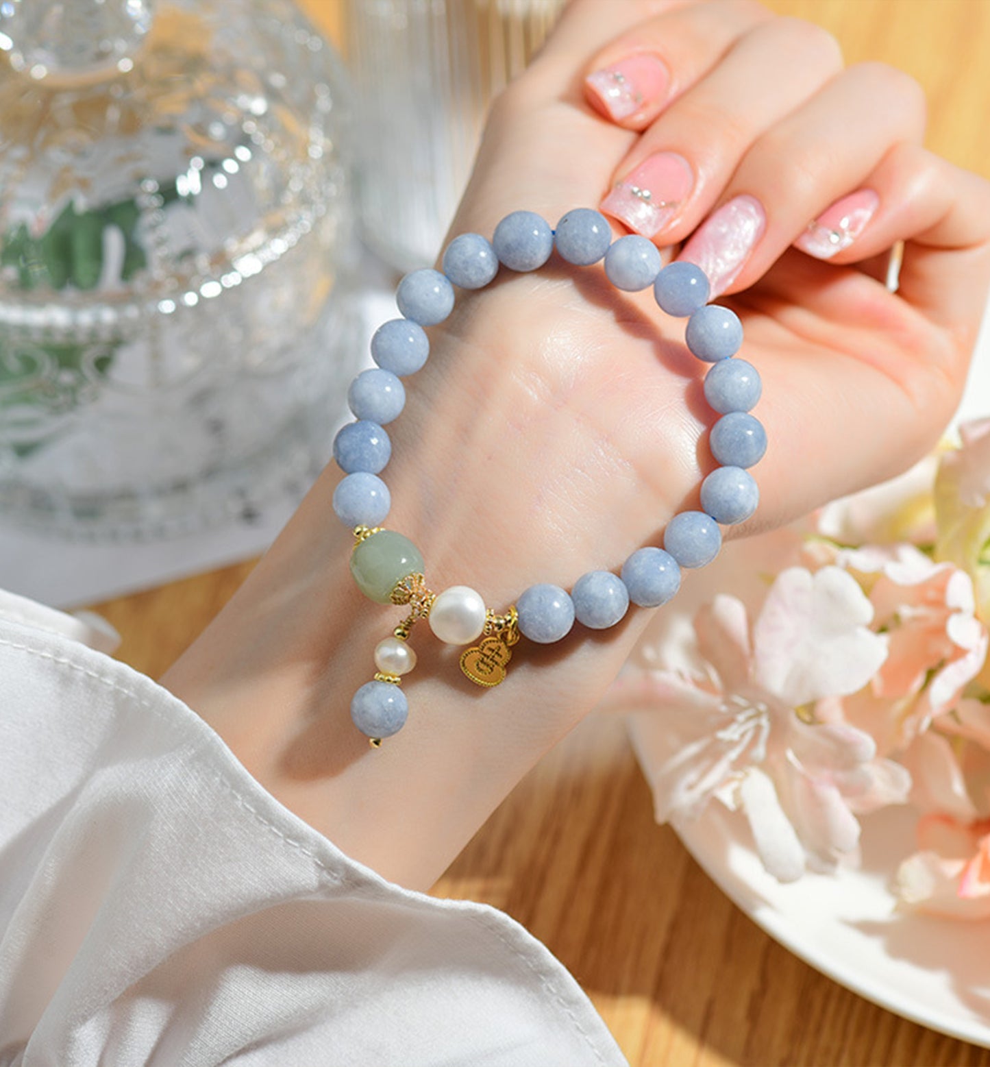 Aquamarine Bracelet with Pearl & Gourd Charm