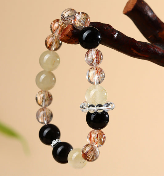 Black Gold Sheen Obsidian and Rutilated Quartz Bracelet