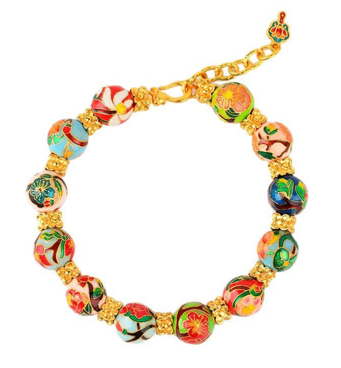 Traditional High-Fire Blue Enamel Twelve Floral Deities Bracelet with Gold-Inspired Beads