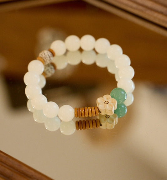 Wooden Flower & White Jade Bodhi Bracelet