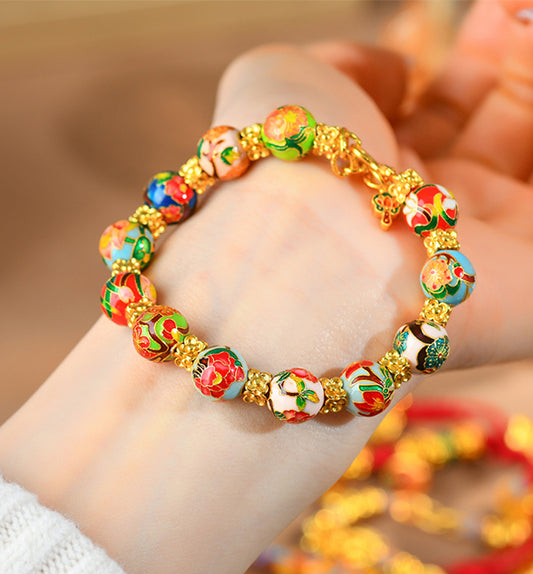 Traditional High-Fire Blue Enamel Twelve Floral Deities Bracelet with Gold-Inspired Beads