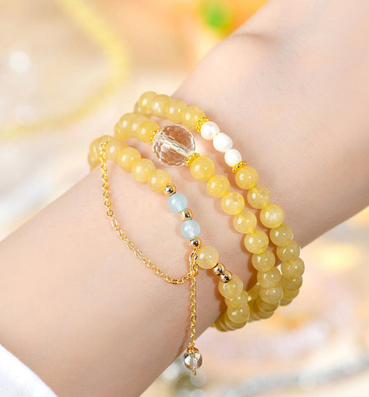Golden Rutilated Quartz, Clear Quartz & Aquamarine Triple-Wrap Bracelet