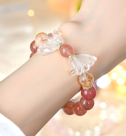 Strawberry Quartz & Clear Quartz Carved Angel Wings Bracelet