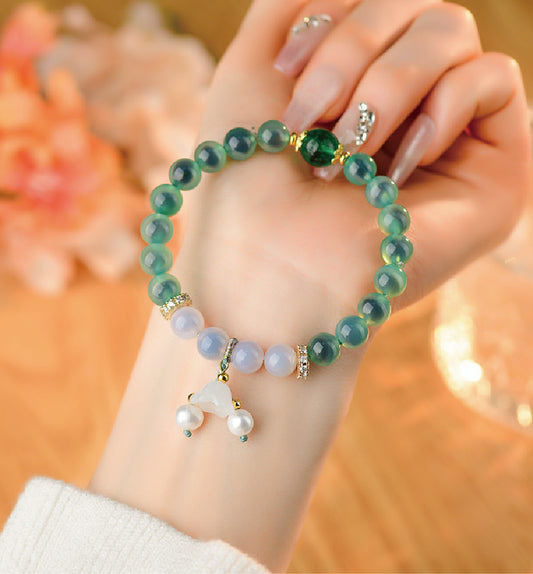 Green & White Agate Heart Sutra Crystal Bracelet