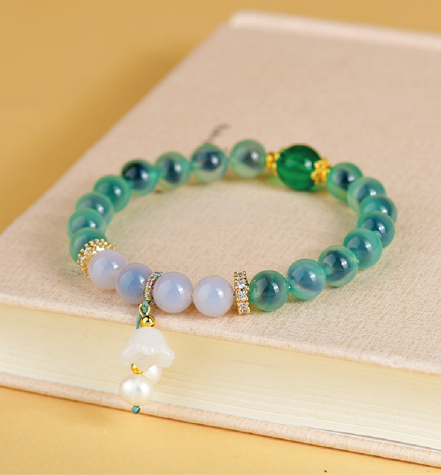 Green & White Agate Heart Sutra Crystal Bracelet