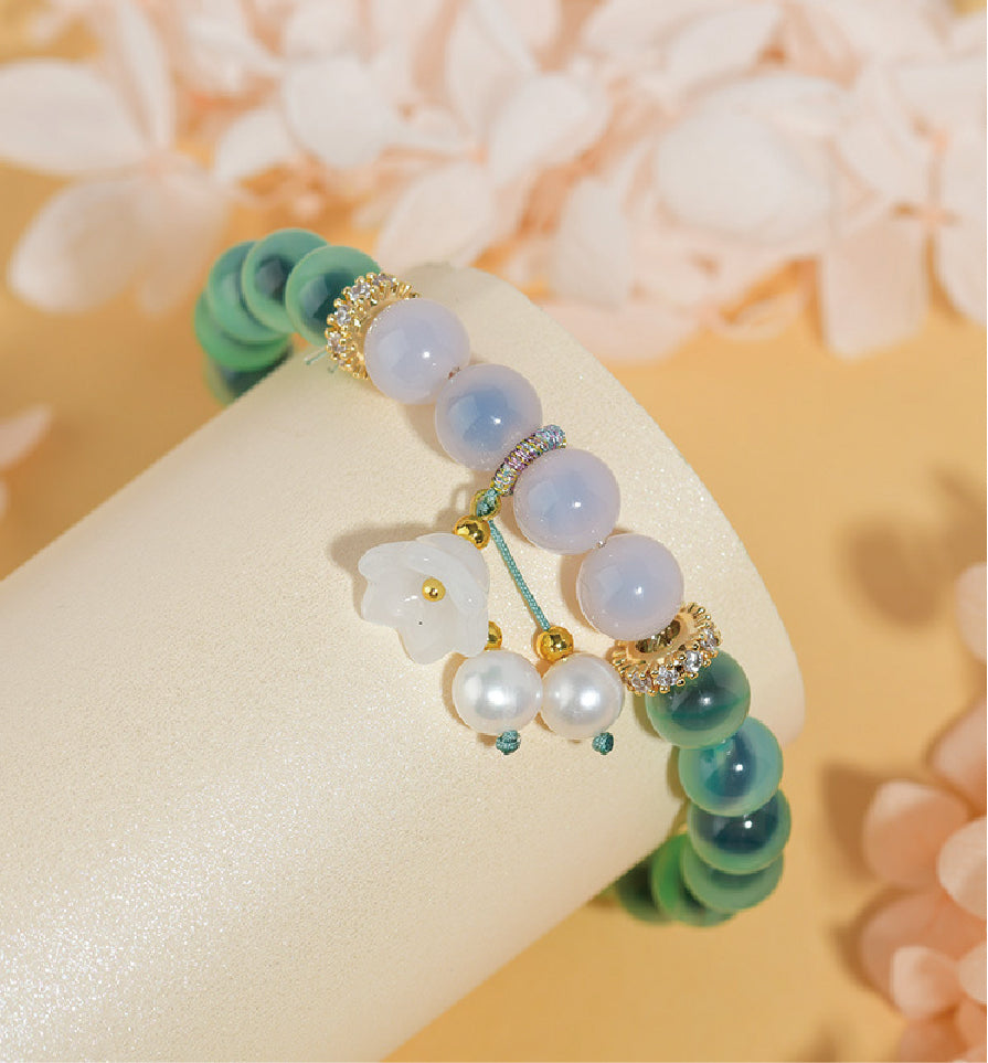 Green & White Agate Heart Sutra Crystal Bracelet