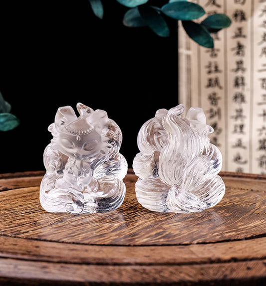 Clear Quartz Nine-Tailed Fox Carving