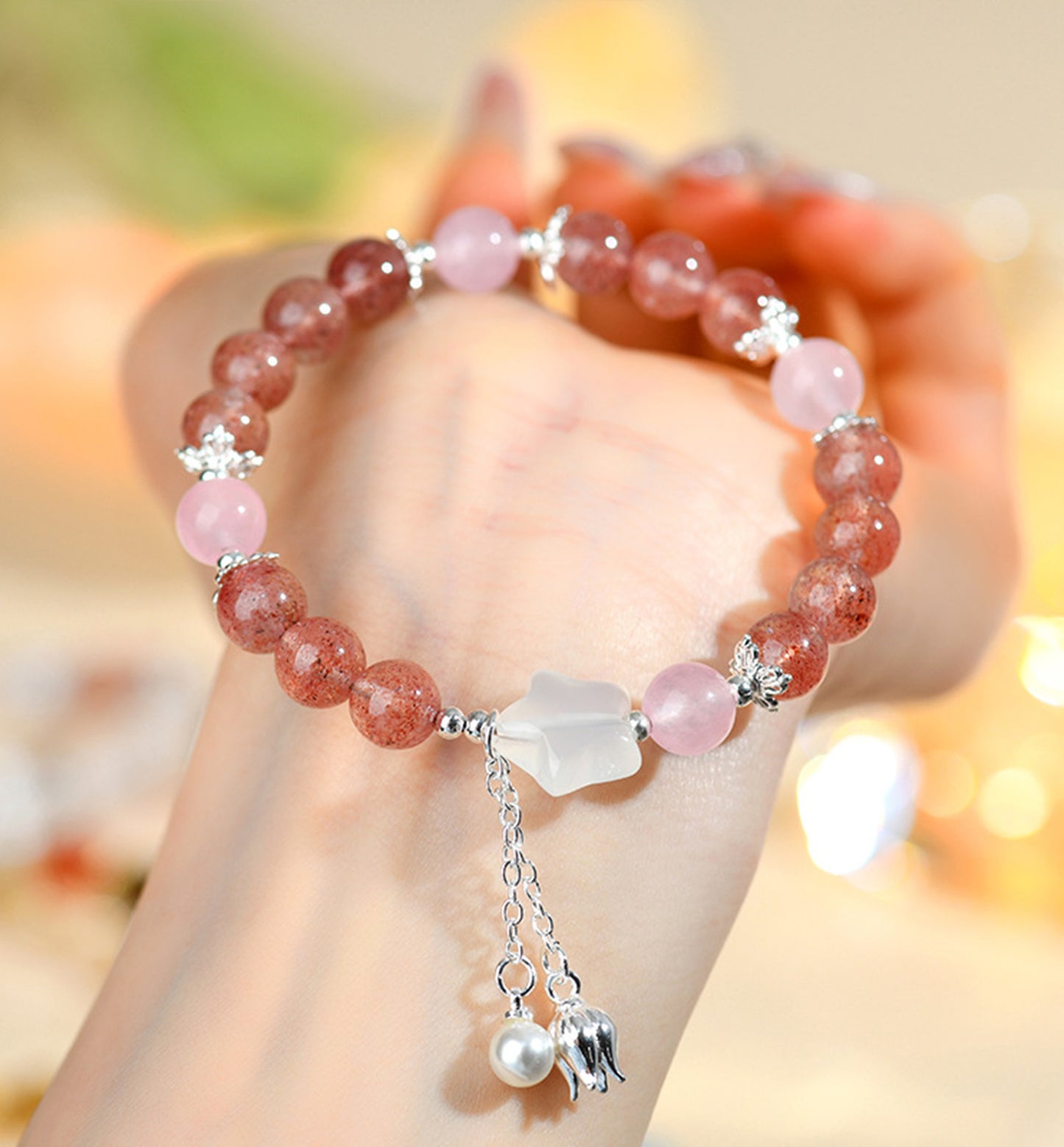 Strawberry Quartz & White Agate Star Crystal Bracelet