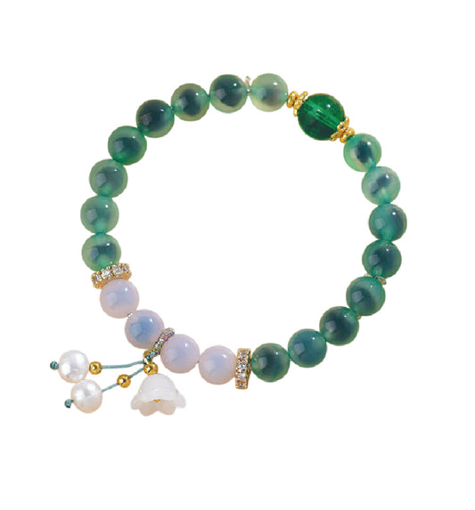 Green & White Agate Heart Sutra Crystal Bracelet