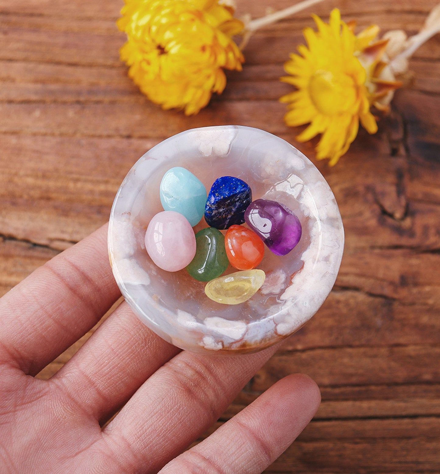 Sakura Agate Gemstone Bowl with Chakra Crystal Set
