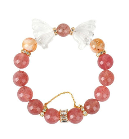 Strawberry Quartz & Clear Quartz Carved Angel Wings Bracelet