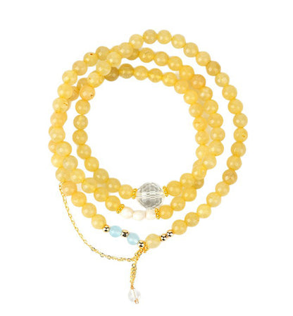 Golden Rutilated Quartz, Clear Quartz & Aquamarine Triple-Wrap Bracelet