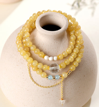 Golden Rutilated Quartz, Clear Quartz & Aquamarine Triple-Wrap Bracelet