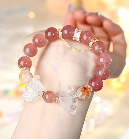 Strawberry Quartz & Clear Quartz Carved Angel Wings Bracelet