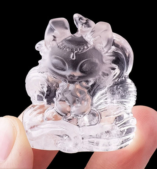 Clear Quartz Nine-Tailed Fox Carving