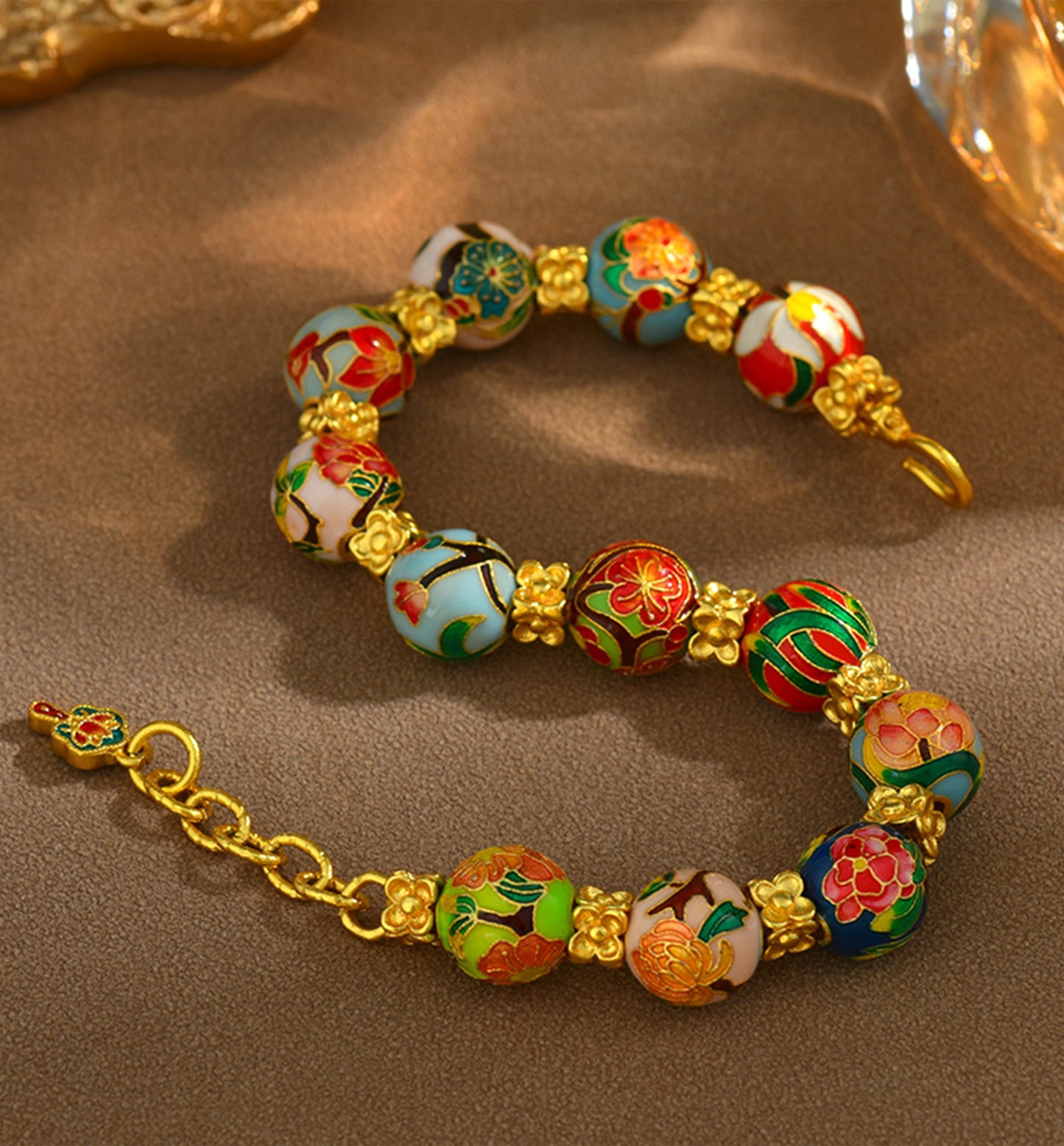 Traditional High-Fire Blue Enamel Twelve Floral Deities Bracelet with Gold-Inspired Beads
