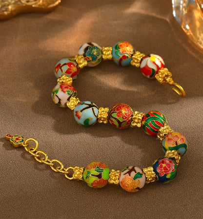 Traditional High-Fire Blue Enamel Twelve Floral Deities Bracelet with Gold-Inspired Beads