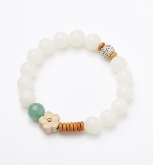 Wooden Flower & White Jade Bodhi Bracelet