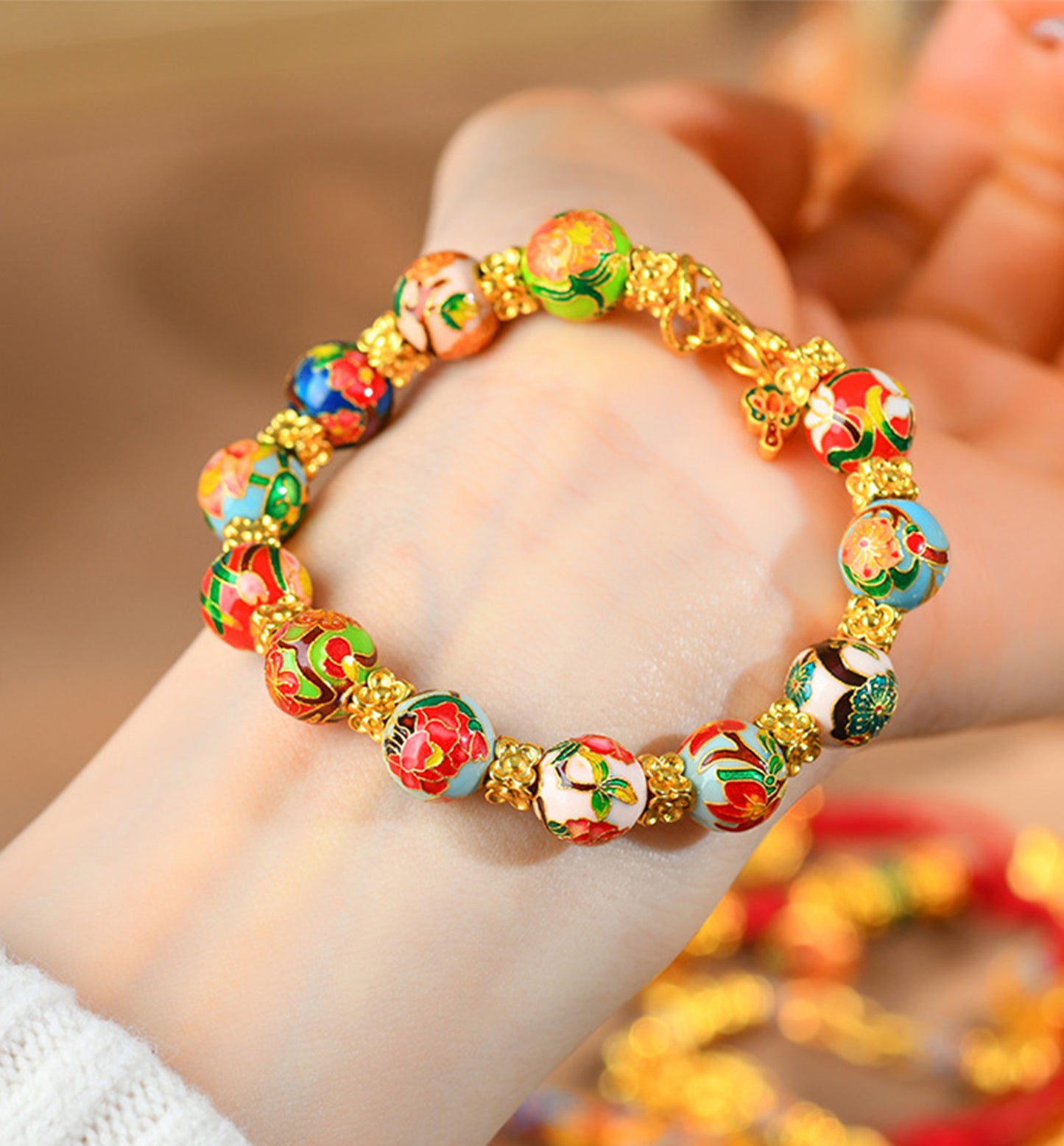 Traditional High-Fire Blue Enamel Twelve Floral Deities Bracelet with Gold-Inspired Beads